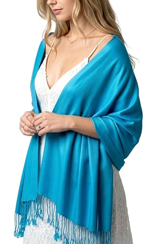 Achillea Lightweight Pashmina Scarf for Women – Soft Silky Shawl Wrap for Evening Dresses, Bridesmaids & Everyday Wear - color: Turquoise