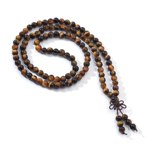 108 Mala Prayer Beads Bracelet 6mm Genuine Gemstone Healing Crystal Stone Beaded Bracelet Buddhist Tibetan Handmade Knotted Elastic Necklace for Yoga Meditation Unisex Women Men - color: Yellow Tiger Eye