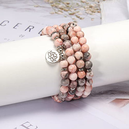 8mm 108 Mala Beads Wrap Bracelet Necklace for Yoga Charm Bracelet Natural Gemstone Jewelry for Women Men - color: Pink Zebra stone