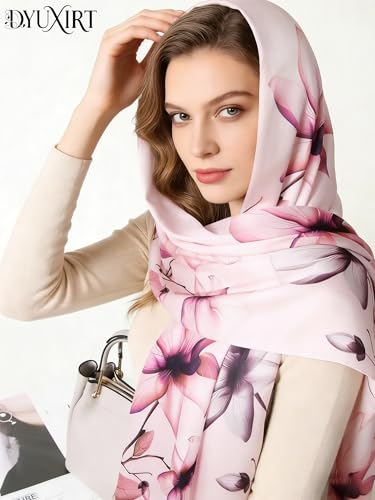 100% Mulberry Silk Oversized Women’s Sun-Shielding Shawl Formal Evening Neckwear Featherlight Airy - color: N24-lilac Bloom Scarf（69" X 21"inch）