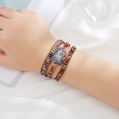 Women Boho Handmade Natural Stone Crystal Leather Bead Wrap Bracelets Collection - style: Blue Purple 3W