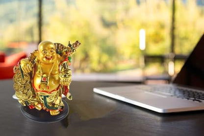 Betterdecor 5.5" Feng Shui Golden Laughing Happy Buddha Statue Holding Ingot Home Office Decor