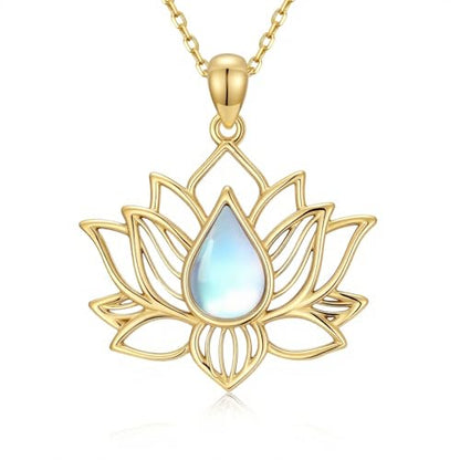 Lotus Necklaces for Women 925 Sterling Silver 7 Chakra/Yin Yang Pendant Necklace Spiritual Lotus Jewelry Birthday Yoga Gifts - style: Gold Moonstone-Lotus