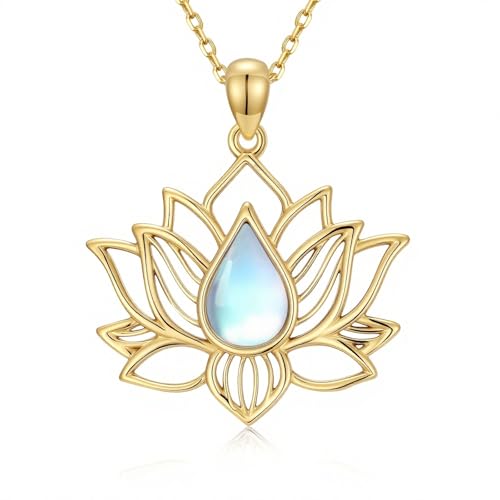 Lotus Necklaces for Women 925 Sterling Silver 7 Chakra/Yin Yang Pendant Necklace Spiritual Lotus Jewelry Birthday Yoga Gifts - style: Gold Moonstone-Lotus