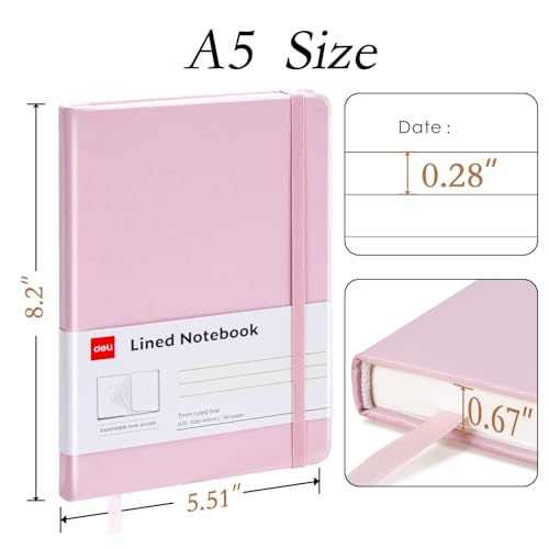 deli A5 Lined Journal Notebook, 160 Pages Hardcover Writing Notebook, 5.5"x8.2" College Ruled Notebook for Office, School, Work Notes (Pink) - color: Pink