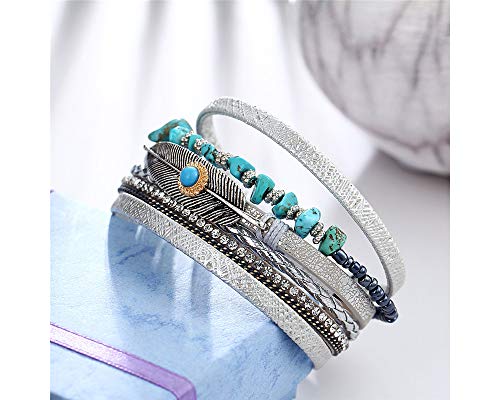 Fesciory Leopard Bracelet for Women, Boho Leather Wrap Multi-Layer Pearl Crystal Bracelet Bangle Jewelry - style: Feather