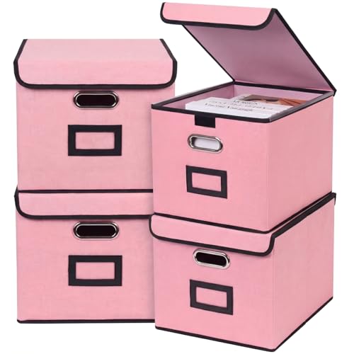 File Storage Box with Lid, 15.55x12.87x10.43 Inches, Foldable Organizer with Handles & Label Slot, for File Storage, Home, Office, and Closet Organization(4 Packs, Pink) - color: Pink, style: Rectangle - 4 Packs