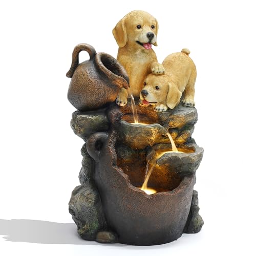 LuxenHome Outdoor Water Fountain, 25 Inch Puppy and Pitchers Pot Resin Water Fountains Indoor with LED Lights, Farmhouse Waterfall Outdoor, Indoor Fountains and Waterfalls for Patio, Garden Decor - color: Brown B