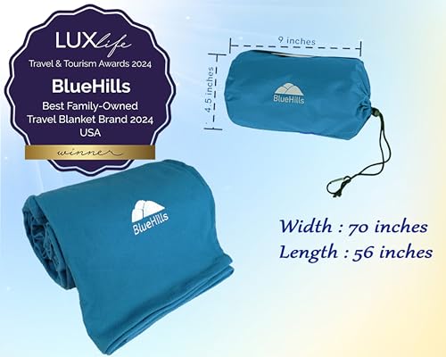 BlueHills Ultra Compact Travel Blankets for Two with Portable Carry Case Case Premium Soft Plush Large Airplane Blankets 2 Pack for Car Plane Train Hotel Layover Peacock -C204-2pk-Teal - color: C-204-2pk-teal