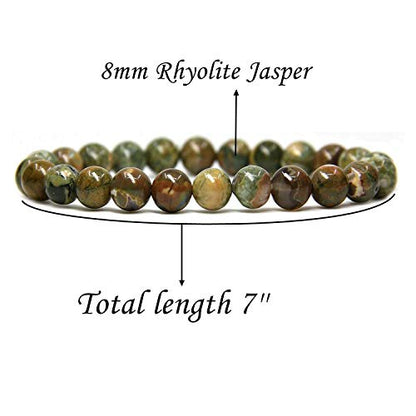 Angelstones Handmade Natural Healing Gemstone 8mm Round Beads Stretch Crystal Bracelet 7 Inch Unisex - color: Rhyolite Jasper