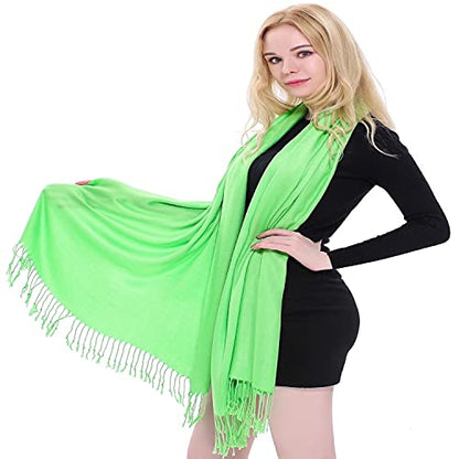 CJ Apparel Solid Color Tassels Design Nepalese Shawl Scarf Wrap Stole Throw Head Wrap Pashmina Gift Hand Made in Nepal New - color: Bright Green