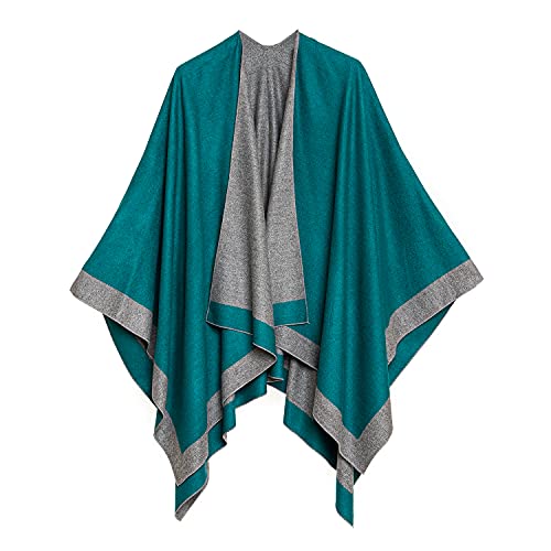 Women's Shawl Wrap Poncho Ruana Cape Cardigan Sweater Open Front for Travel Flight Cruises - color: Border Design - Turquoise Gray