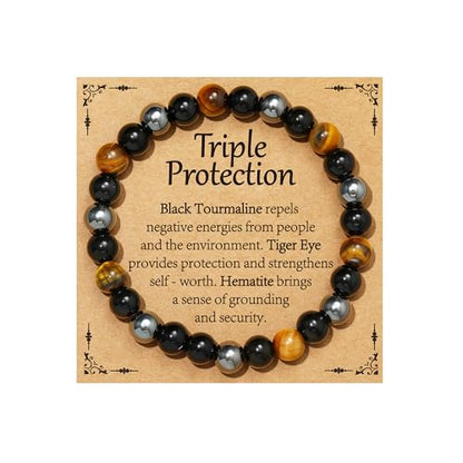 Healing Crystal Bracelet for Women, Natural Stone Beaded Healing Crystal Bracelet Triple Protection Stress Relief Beads Jewelry Birthday Gifts Jewelry for Her - style: Triple Protection