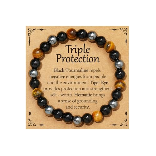 Healing Crystal Bracelet for Women, Natural Stone Beaded Healing Crystal Bracelet Triple Protection Stress Relief Beads Jewelry Birthday Gifts Jewelry for Her - style: Triple Protection