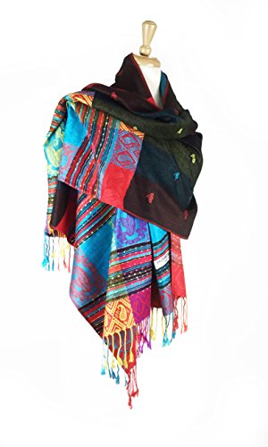 PASKMLNA Double Side Multi Colors Silky Tropical Colorful Exotic Pashmina Wrap Shawl Scarf Rave - color: #09black