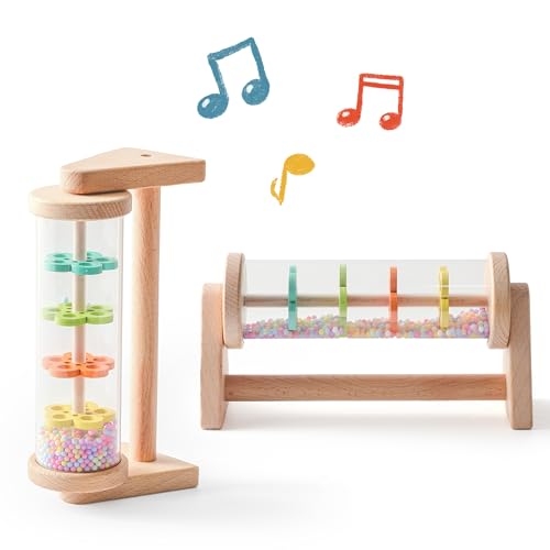 Wooden Rain Stick with Handle & Stand, Montessori Sensory Musical Rattle for Toddlers 12+ Months, Calming Rainmaker with Beads for Tummy Time & Quiet Play, Baby Shower & 1st Birthday Gift