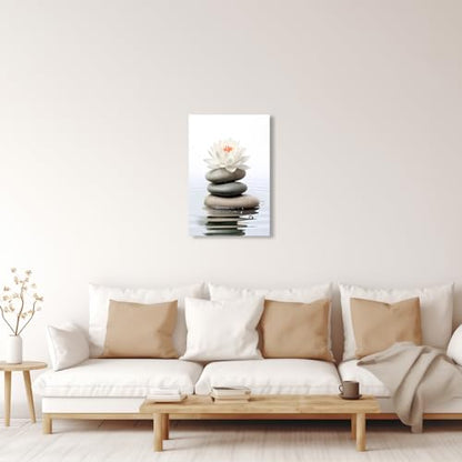 QIXIANG White Lotus Flower Canvas Wall Art Zen Stone Lotus Reflected on the Water Picture Prints for Serene Home Zen Enthusiasts Home Framed(Lotus-A,12.00" x 18.00") - color: Lotus-A, size: 12"L x 18"W