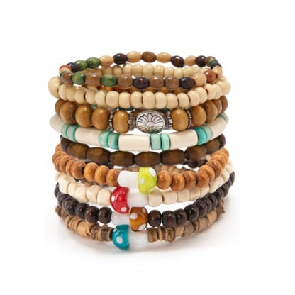 9 Piece Mushroom Wooden Beads Bracelets for Women Men Vintage Beaded Bracelet Wood Bangles Wristbands Commemorative Gift