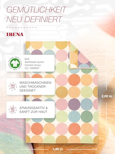 IBENA Pure Organic Cotton Jacquard Woven Low Pile Velour Throw Blanket with Candy Colored Dots