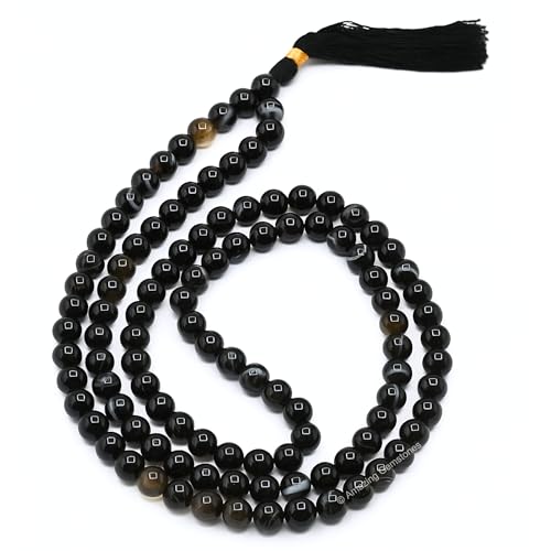 Amazing Gemstone Japa Mala 108 Prayer Beads Necklace and Wrist Mala Bracelet for Meditation - color: Black Banded Agate, size: Without Knots