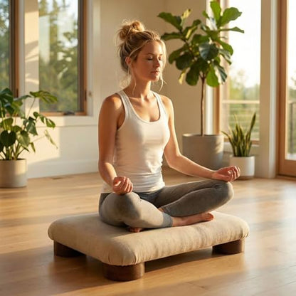 Meditation Floor Cushion with Wooden Legs,Portable Seating Pillow for Yoga, Tea Ceremony,and Living Room, Soft Linen Fabric, Low Profile Floor Seat for Adults, Large