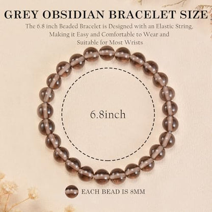 Agate Round Beaded Bracelet for Women Men Natural Agates Stone Healing Bracelets Stretch Elastic Handmade Polished Gemstone Beads Bracelet - color: Grey Obsidian, size: 8mm Beads