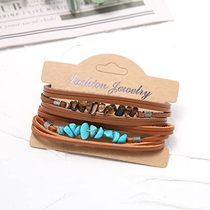 HZMAN Wrap Bracelets Men Women, Hemp Cords Wood Beads Ethnic Tribal Bracelets, Leather Wristbands - style: Turquoise Gravel