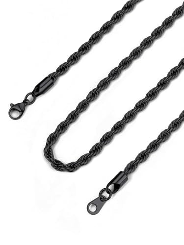 Bandmax Solid 1.5mm/2mm/3mm/6mm Rope Chains for Men Women 14K Gold Plated/Black Plated Stainless Steel Twist Chain 16-30 Inches, with Gift Box - color: 06 2MM Black Plated