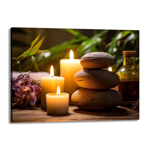 GLOKAKA Zen Canvas Wall Art Stacked Spa Stones White Candle Painting Relaxation Artwork Meditation Decor for Spa Yoga Room Bathroom Ready To Hang(Artwork-3,16"x24") - color: Artwork-3, size: 24"L x 16"W
