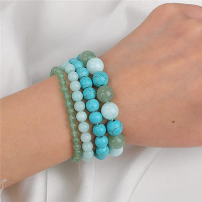 4pcs Beaded Bracelets for Women,Natural Healing Crystal Gemstones Bracelet,Anxiety Stress Relief Bracelet Handmade purple Jewelry Gifts for Women - color: Green Aventurine&Amazonite&Green Turquoise