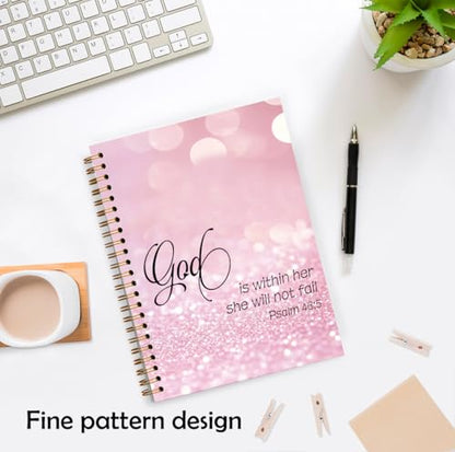 XUNLURY Pretty Pink Christian Notebook, Church Notes Notebook, Psalm 46:5 Spiral Notebooks 5.5x8.3 Inch,God is Within Her She Will Not Fall Prayer Bible Journal for Woman - color: Color_A