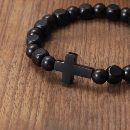 MILAKOO Wooden Bracelet with Black Stainless Steel Cross Charms Bead Christian Gifts for Women Men - color: B1
