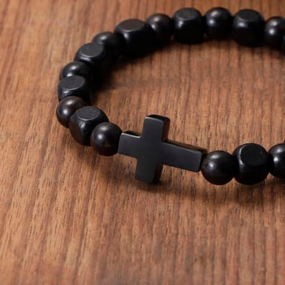 MILAKOO Wooden Bracelet with Black Stainless Steel Cross Charms Bead Christian Gifts for Women Men - color: B1