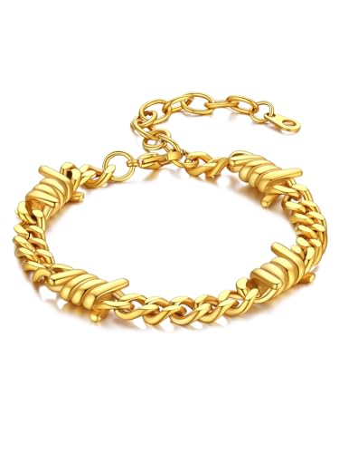 Bandmax Barbed Wire Chain Bracelets for Men Women Stainless Steel/Black/Gold Thorn Cuban Link Bracelet Adjustable Punk Emo Style Jewelry Gift - color: 09 7MM-Gold Plated