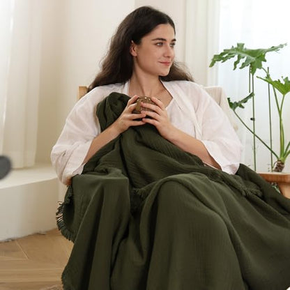 MooMee Muslin Blanket - 100% Cotton 4-Layer Gauze Throw Blanket with All-Around Fringe, Soft Breathable Lightweight Cooling Summer Blankets for Bed Couch (Olive Green,Throw XL 50" x 70") - color: Olive Green, size: Throw XL