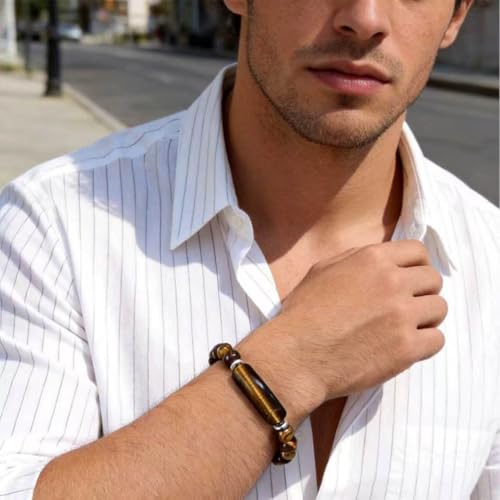Kim Carrey Italian Tiger's Eye Mens Bracelet Stainless Steel Waterproof, Men's Bracelets Birthday Annivesary Gift for Him
