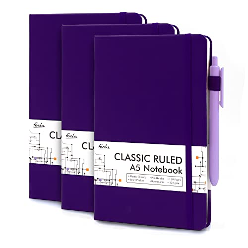 feela 3 Pack Notebooks Journals Bulk, Hardcover Notebook Classic Ruled Lined Journal Set with Pen Holder for Work Business Journaling Note Taking, with 3 Black Pens, 120 GSM, 5.1”x8.3”, A5, Purple - color: 3 Purple
