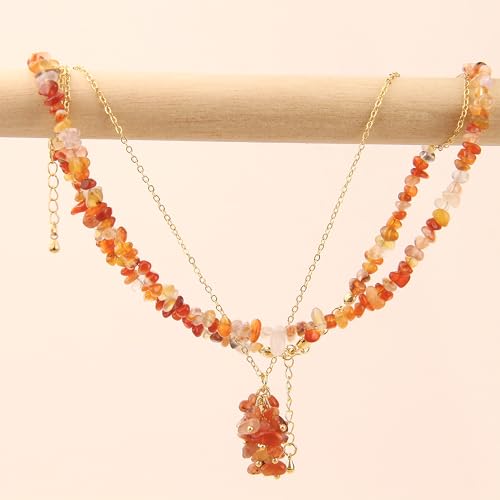 2Pcs Crystal Necklace for Women Handmade Choker Necklaces Pendant Necklace Natural Stone Gemstone Beaded Necklace 18k Gold Plated Adjustable Dainty Necklace for Women - color: Carnelian