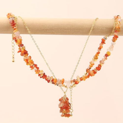 2Pcs Crystal Necklace for Women Handmade Choker Necklaces Pendant Necklace Natural Stone Gemstone Beaded Necklace 18k Gold Plated Adjustable Dainty Necklace for Women - color: Carnelian