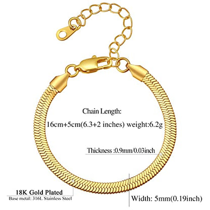 FindChic Elegant Herringbone Snake Chain Anklets/Bracelets 3MM/5MM Width Stainless Steel/18K Gold/Rose Gold Plated/Black 4 Color Options, 8.3'' 8.5'' 10.5'' Length, with Gift Box - color: B: 5mm 6.3'' bracelet (Gold Plated)