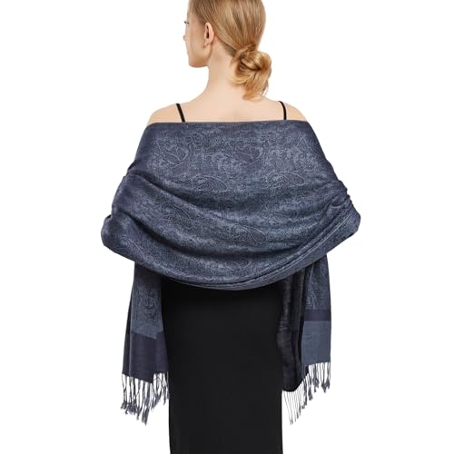 Silky Paisley Pashmina Shawl Scarf-Women's Soft Double-side Jacquard Pashminas Wrap for Evening Dress Travel Shawl - color: A-navy Blue