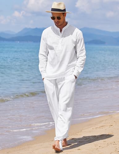 COOFANDY Men's Cotton Linen Pants Casual Harem Pants Elastic Waist Beach Boho Yoga Trousers - color: 1-white, size: Large