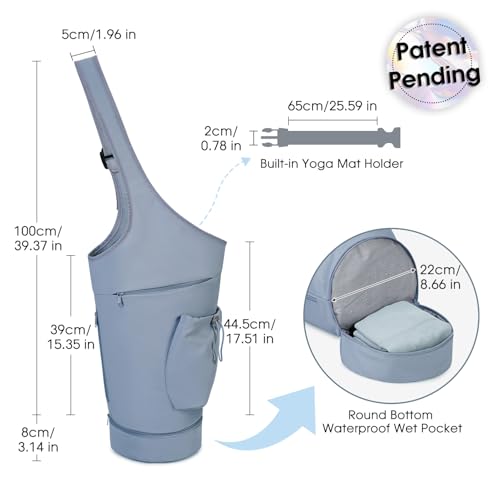 sportsnew Yoga Mat Bag, Large Opening Long Tote Yoga Mat Carrier Holder Bag with Waterproof Wet Pocket and Drawstring Water Bottle Pocket, Adjustable Shoulder Strap Storage Bag, patent pending
