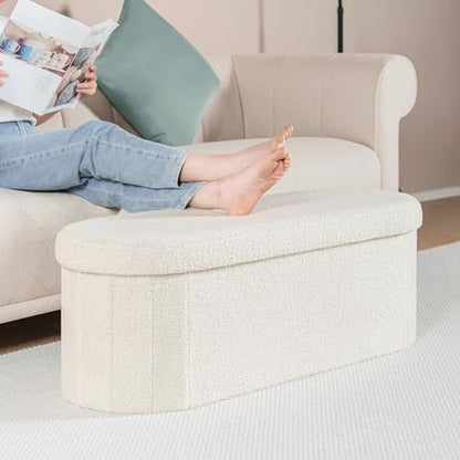 B FSOBEIIALEO Ottoman with Storage for Living Room, Sherpa Folding Storage Ottoman Foot Rest, 43.3 Inches Collapsible Bedroom Bench White Cream