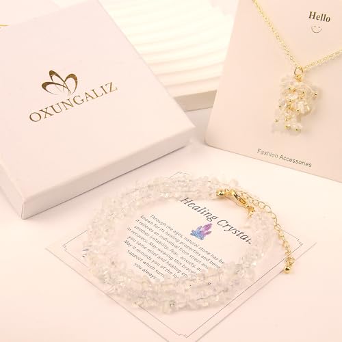 2Pcs Crystal Necklace for Women Handmade Choker Necklaces Pendant Necklace Natural Stone Gemstone Beaded Necklace 18k Gold Plated Adjustable Dainty Necklace for Women - color: Opal