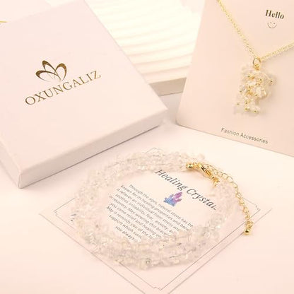 2Pcs Crystal Necklace for Women Handmade Choker Necklaces Pendant Necklace Natural Stone Gemstone Beaded Necklace 18k Gold Plated Adjustable Dainty Necklace for Women - color: Opal
