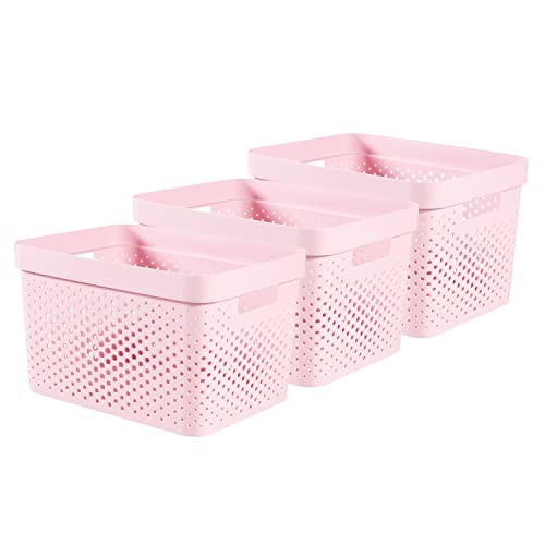Curver Infinity Dots Set of 3 Storage Baskets, 100% Recycled Resin, Nestable & Lightweight, 17 Litres, Pink