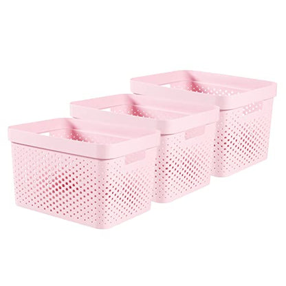 Curver Infinity Dots Set of 3 Storage Baskets, 100% Recycled Resin, Nestable & Lightweight, 17 Litres, Pink