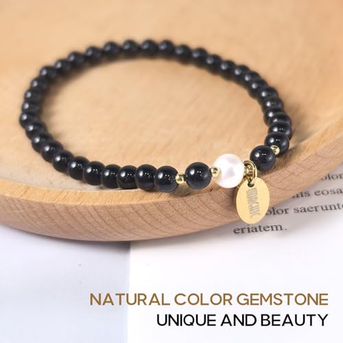 Morchic 4mm Natural Gemstone Beads Stretch Bracelet for Women, With Freshwater Pearls, Energy Gem Birthday Gift for Her 7.2” - color: Black Tourmaline
