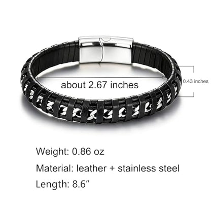 Men's Leather Bracelet, Stackable Stainless Steel Clasp Bracelets for Men Stylish Birthday, Thanksgiving, Valentine's Day Gift for My Man - style: 8.6" Embedded Cuban Chain